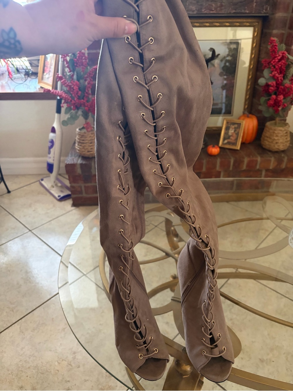 Women’s Lace-Up Taupe Over-The-Knee Jeans